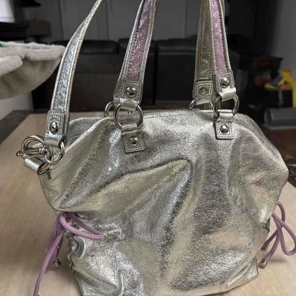 Coach Poppy Metallic Silver Leather Star Appliqué Tote Bag Purple Y2K - Picture 4 of 10